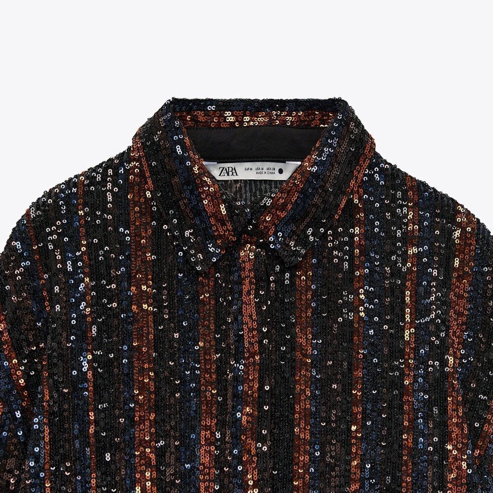Zara black & burnt orange sequin pinstripe button-down shirt Sz M NWT - Picture 5 of 11